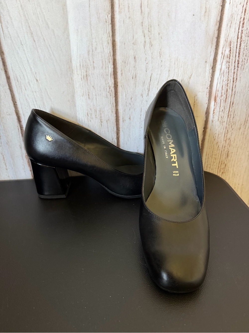Comart Black Leather Block Heel Pumps Size 38